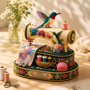 3D Beaded Hummingbird Sewing Machine DIY Kit - Vintage Floral Diamond Art Craft for Beginners - Sewing Room Decor Gift for Mom Crafters