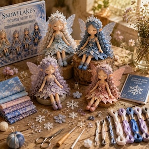 Może przedstawiać: Zestaw do samodzielnego wykonania Snowflakes Patchwork Fairy zawierający cztery lalki wróżki w sukienkach z motywem liści w kolorach niebieskim, fioletowym i różowym, wraz z tkaninami, nićmi, ozdobami w kształcie płatków śniegu i instrukcją.