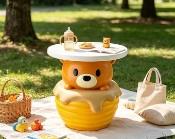 Kawaii Honey Jar Bear Side Table, Glossy Resin Kids Room Nightstand Round White Top