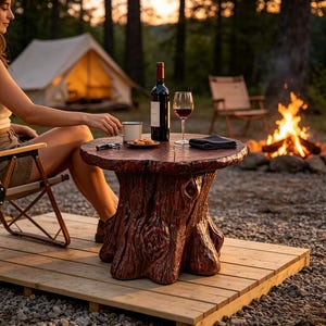 May include: A round side table crafted from a dark brown tree stump with a textured, natural wood grain surface. The table holds a bottle of red wine, a wine glass filled with red wine, a small white mug, and a plate of snacks.