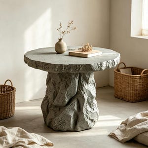 May include: A round table with a textured, light gray stone-like surface and a thick, rugged, rock-shaped pedestal base. The table features a natural, uneven edge and a porous, cratered finish throughout its entire structure.