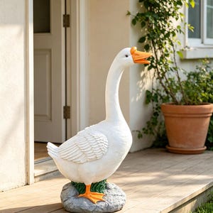 Chattering White Goose On Rock Statue, Large Resin Farm Bird Outdoor Pond Decor