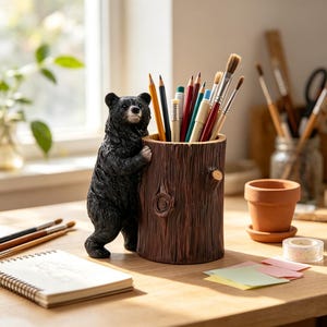 May include: A black bear figurine attached to a brown cylindrical pencil holder designed to look like a tree stump. The holder contains various colored pencils and paintbrushes. The bear is standing upright with its paws resting on the stump.