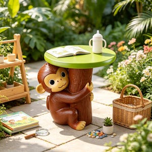 May include: A round green table supported by a brown monkey figure hugging a tree trunk base. On the table sits an open book and a white baby bottle. The monkey has large dark eyes and light brown accents on its ears, hands, and feet.