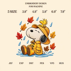May include: Machine embroidery design featuring a white dog in a yellow raincoat and hat, sitting in a blue puddle with a small yellow bird on its head. Falling blue raindrops and red, orange, and brown autumn leaves surround the character. Text includes EMBROIDERY DESIGN FOR MACHINE, 5 SIZE, 3.9", 4.9", 5.9", 6.9", 7.9", JEF, EXP, DST, PES, VP3, HUS.