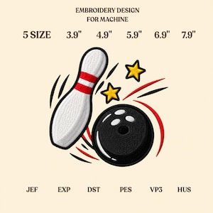 Diseño de bordado de bola y bolo, archivo de bordado para máquina de bolos, descarga digital deportiva