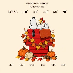 Può includere: Disegno per ricamo a macchina con un cane bianco e un uccellino giallo su una cuccia rossa, circondati da foglie autunnali, zucche e ghiande. Testo: EMBROIDERY DESIGN FOR MACHINE, 5 SIZE, 3.9", 4.9", 5.9", 6.9", 7.9", JEF, EXP, DST, PES, VP3, HUS.