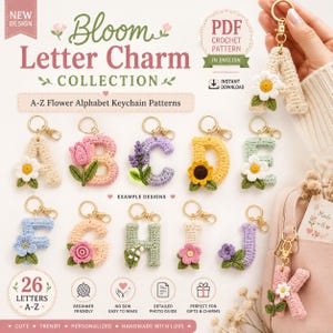May include: A digital advertisement for a Bloom Letter Charm Collection PDF crochet pattern featuring various crocheted alphabet letters A through K, each adorned with small floral embellishments and attached to a gold-toned metal keychain ring.