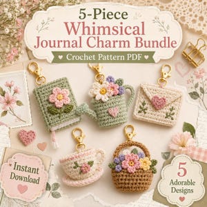 May include: A 5-piece crochet pattern PDF bundle featuring five small charms: a green book with a pink flower, a green watering can with flowers, a cream envelope with a heart, a cream teacup with a saucer, and a brown basket with flowers.