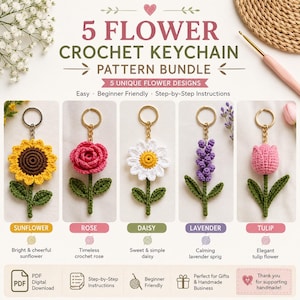 Puede incluir: Un paquete de patrones digitales para 5 llaveros de ganchillo con forma de flor: girasol, rosa, margarita, lavanda y tulipán. El documento incluye instrucciones paso a paso para principiantes en formato PDF descargable.