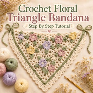 May include: A cream-colored crochet triangle bandana featuring a floral pattern with pink, yellow, and lavender flowers and green leaves. The text reads "Crochet Floral Triangle Bandana" and "Step By Step Tutorial". Includes yarn balls and a hook.