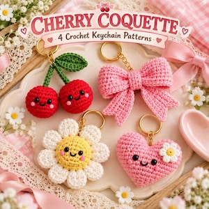 Crochet Keychain Pattern Bundle, Cherry Bow Daisy Heart, Coquette Bag Charm Crochet Pattern, Kawaii Amigurumi, Digital PDF