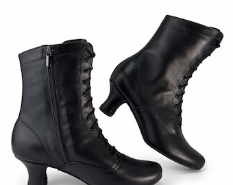 Victorian Black Leather Lace-Up Boots for Women | Handmade Ankle Boots with Side Zipper | Victorian Edwardian Steampunk Boots | Renaissance