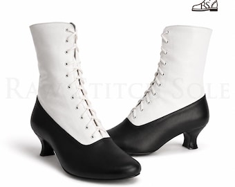 Botas vitorianas de couro feitas à mão para mulheres | Botas de cano curto eduardianas com cadarço | Botas bicolores em preto e branco | Sapatos para trajes históricos | Góticas