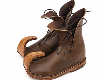 Handmade Medieval Viking Boots | Curled Toe Leather Turnshoes | Fantasy LARP Footwear | Renaissance Leather Boots | RawStitchSole