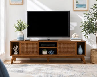 Rattan TV Stand Media Console Wooden Cabinet Storage Open Shelves Living Room Furniture Modern Minimalist Entertainment