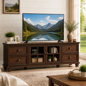 May include: A dark brown wooden media console featuring four drawers with round knobs and two central glass-paneled cabinet doors. The console has a rectangular top surface, a sturdy base with feet, and visible interior shelving holding decor items.