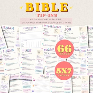 Könnte beinhalten: Eine Sammlung von 66 Bibel-Einlegeblättern mit farbenfrohen Überschriften und Texten. Jede Seite enthält Abschnitte für Schlüsselthemen, Verse und Notizen. Zwei Kreise zeigen 66 BOOKS und 5x7 INCHES in gelber Schrift auf korallenfarbenem Grund.