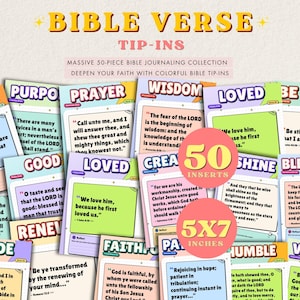 May include: A collection of 50 Bible verse tip-ins measuring 5x7 inches, featuring colorful cards with various religious quotes and themes like Believe, Purpose, Prayer, Wisdom, Loved, Be Still, Good, Creation, Shine, Blessing, Abide, Faithful, and Victory.