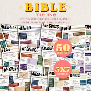 May include: A collection of 50 Bible tip-ins measuring 5x7 inches, featuring various religious themes like Identity, Heaven, The Cross, Faith, Hope, Fear, Repentance, Marriage, Anxiety, Spiritual Warfare, Kindness, and Holiness with text.