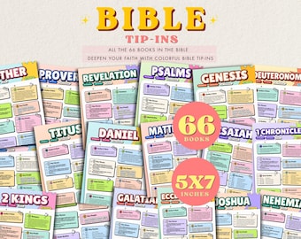 May include: A collection of 66 colorful Bible tip-in cards, each measuring 5x7 inches. The cards feature bold headings for book names like Genesis, Psalms, and Daniel, with organized sections for summaries, key verses, people, and themes.