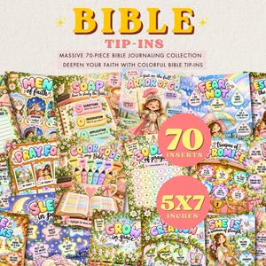 May include: A 70-piece collection of 5x7 inch Bible tip-ins featuring colorful illustrations and text. Designs include themes like Armor of God, Jesus Loves the Little Children, and various prayer prompts with floral and whimsical graphic elements.