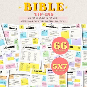 Puede incluir: Una colección de páginas de inserción bíblica con 66 libros de la Biblia, cada una con fondo de cuadrícula y secciones coloridas para notas. Las páginas incluyen encabezados como 1 Kings, Genesis y 66 Books Tracker, midiendo 12,7x17,8 cm.