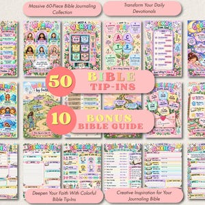 Op de afbeelding: Een collectie van 60 kleurrijke, geïllustreerde bijbel-journaling pagina's met diverse thema's zoals Women of Faith, Goodnight Prayer en Sermon Notes. De set bevat 50 bijbel-insteekvellen en 10 bonus bijbelgidsen met florale accenten.