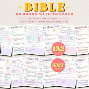 May include: A collection of 132 Bible reading tracker pages measuring 5x7 inches. Each page features colorful headers, reading checklists, key themes, and prayer sections for individual books of the Bible, including Genesis, Matthew, and Revelation.