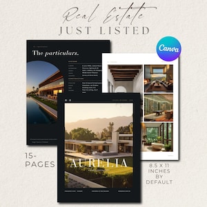 May include: A digital real estate brochure template set featuring 15 pages with a 21.59 x 27.94 cm default size. The design includes black and white layouts with property photography, text sections titled The particulars and Aurelia, and a Canva logo.