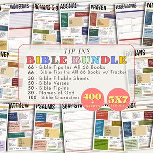 May include: A digital Bible bundle featuring tip-ins, fillable sheets, and verse trackers. The central text reads Tip-Ins Bible Bundle with lists of contents including 66 Bible Tips, 50 Fillable Sheets, and 400+ inserts measuring 5x7 inches.