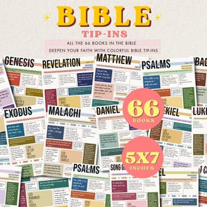 May include: A collection of 66 Bible tip-in cards, each measuring 5x7 inches. The cards feature bold book titles, colorful text boxes, and scripture excerpts. The main header reads BIBLE TIP-INS, with additional text noting all 66 books.