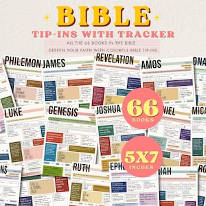 May include: A collection of Bible tip-in pages featuring trackers for all 66 books of the Bible. Each page includes text, colored boxes, and headers like Genesis, Luke, and Revelation. Two pink circles display the text 66 BOOKS and 5x7 INCHES.