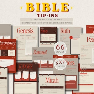 May include: A collection of 5x7 inch Bible tip-in sheets featuring the text BIBLE TIP-INS and ALL THE 66 BOOKS IN THE BIBLE. Each sheet displays names of biblical books like Genesis, Ruth, and Micah with sections for notes in red and beige.