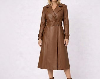 Women's Brown Leather Trench Coat | Belted Maxi Jacket, Timeless Outerwear