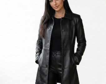 Women's Black Leather Blazer Coat, Genuine Leather Long Jacket, Elegant Minimalist Outerwear