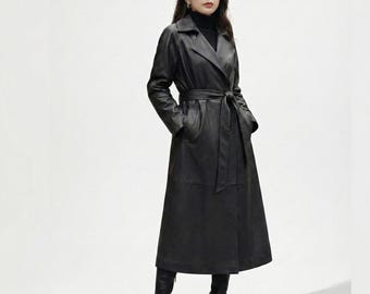 Women's Black Real Leather Coat, Handmade Long Trench Coat, Belted Winter Outerwear