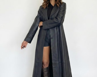 Women's Black Leather Trench Coat | Long Minimalist 90s Genuine Outerwear