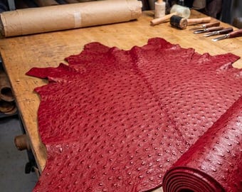 Piel de avestruz roja con estampado, cuero genuino para manualidades.