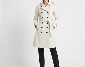 Women's White Genuine Leather Trench Coat, Double Breasted Belted Jacket