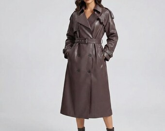 Women's Brown Genuine Leather Trench Coat | Belted Midi Jacket | Classic Winter Outerwear