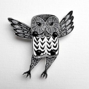 Owl Brooch with moving wings and legs, articulated owl badge