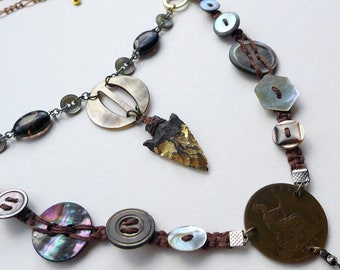 Flint Arrowhead Necklace with Victorian penny, vintage buckle and buttons, steampunk assemblage, unique piece, two tier statement necklace