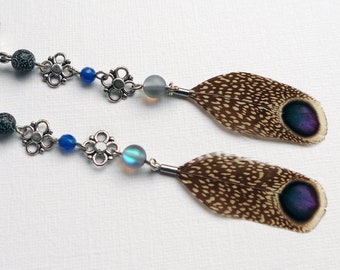 Feather Dangle Earrings, peacock pheasant feather and rainbow moonstone bead earrings, jewellery for her