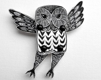 Owl Brooch with moving wings and legs, articulated owl badge