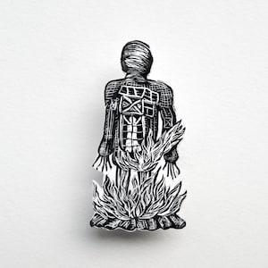 Wicker Man Brooch, folk horror badge, printed from lino cut