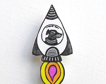 Space Dog Brooch, Dogs in Space, handmade rocket dog badge, printed from lino cut, Laika badge, illustration