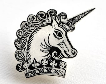 Unicorn Head Brooch, heraldic unicorn pin badge, handmade unicorn badge, mythical beast, imaginary being, Scotland, fairytale gift