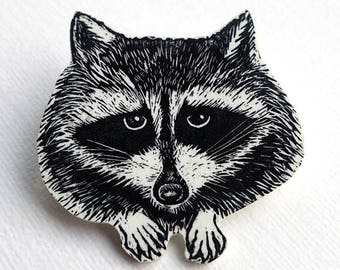 Raccoon Brooch, raccoon face pin badge, trash panda badge