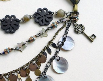Multi-Strand Assemblage Statement Necklace with Victorian penny and labradorite, unique piece, handmade in the UK